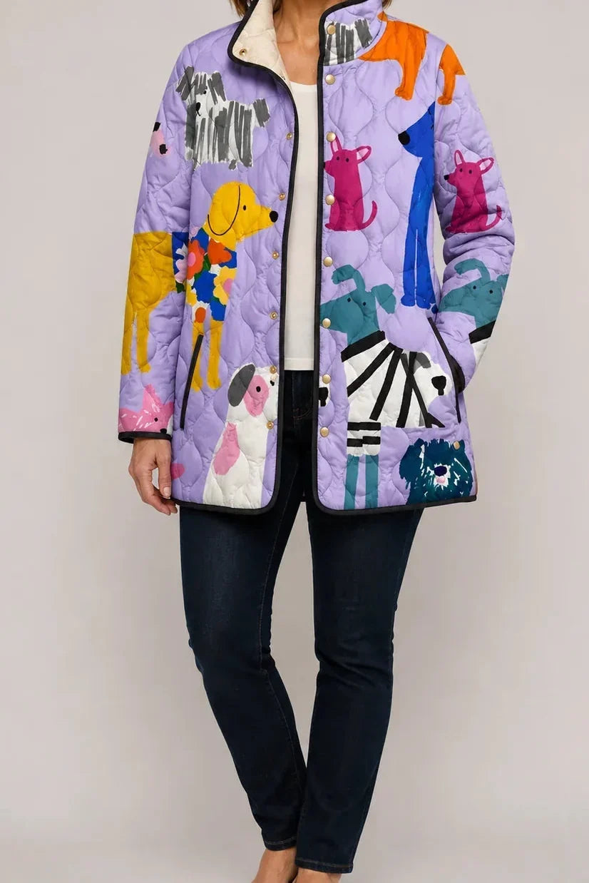 Women's lavender dog print printed quilted puffer jacket