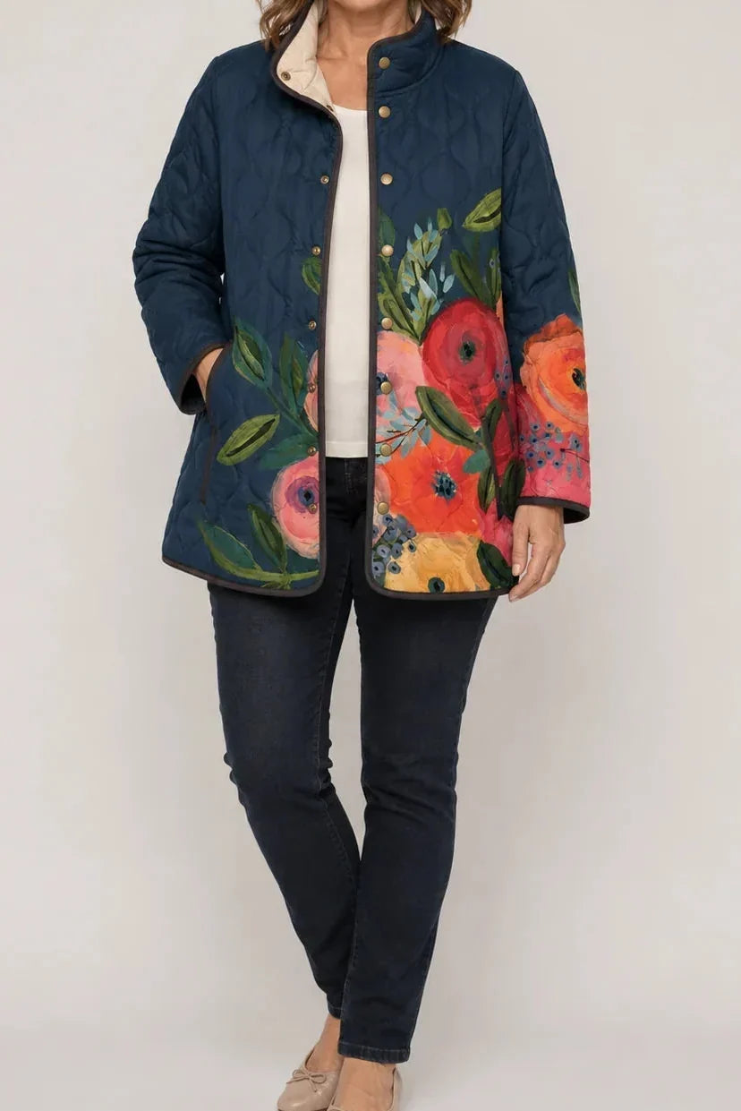 Women's navy rose bouquet printed quilted puffer jacket