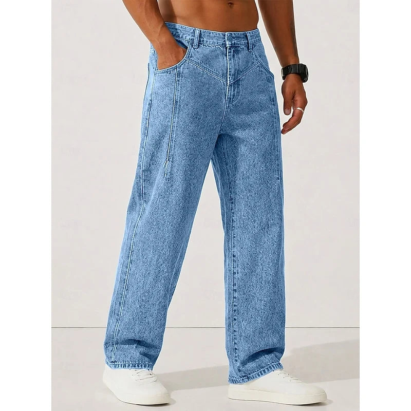 Men's navy blue stonewash relaxed straight-leg jeans