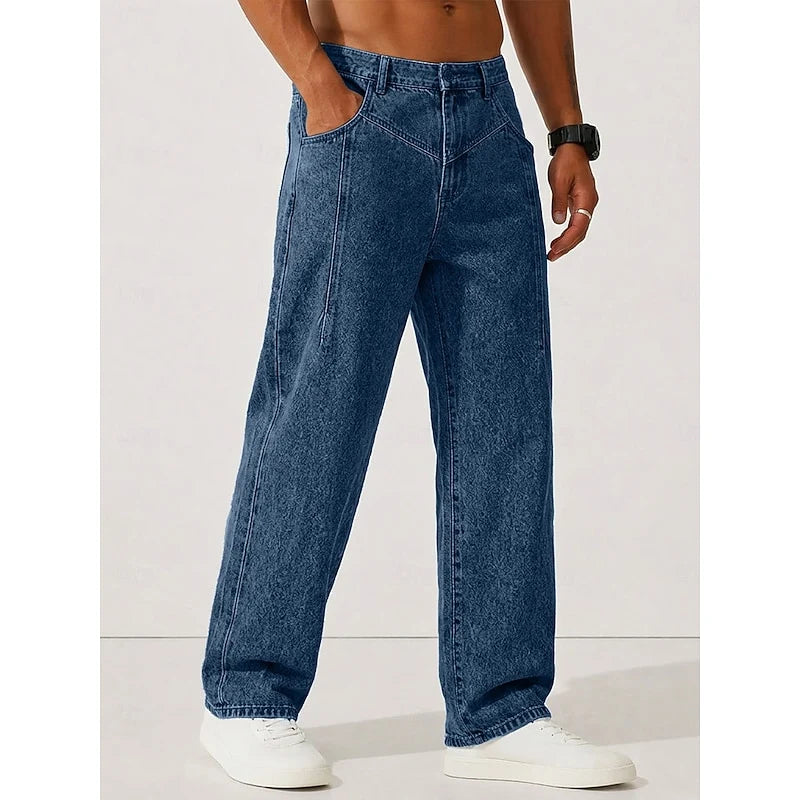 Men's navy blue stonewash relaxed straight-leg jeans