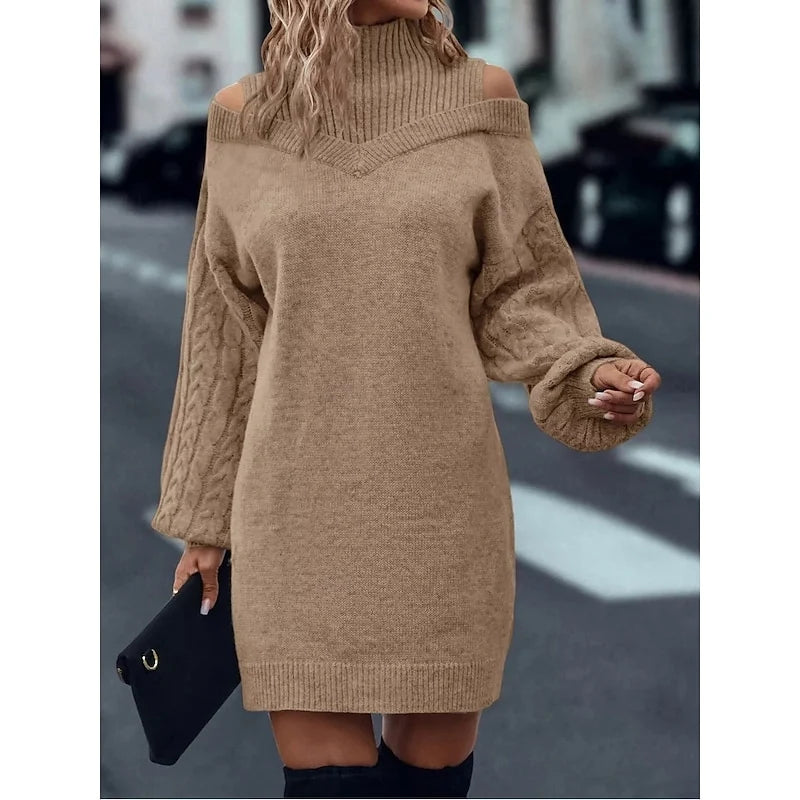 Women's khaki cold-shoulder cable knit turtleneck sweater dress