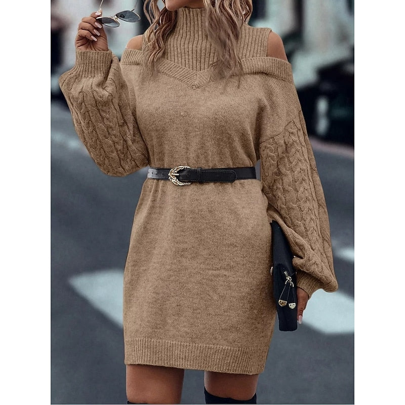 Women's khaki cold-shoulder cable knit turtleneck sweater dress