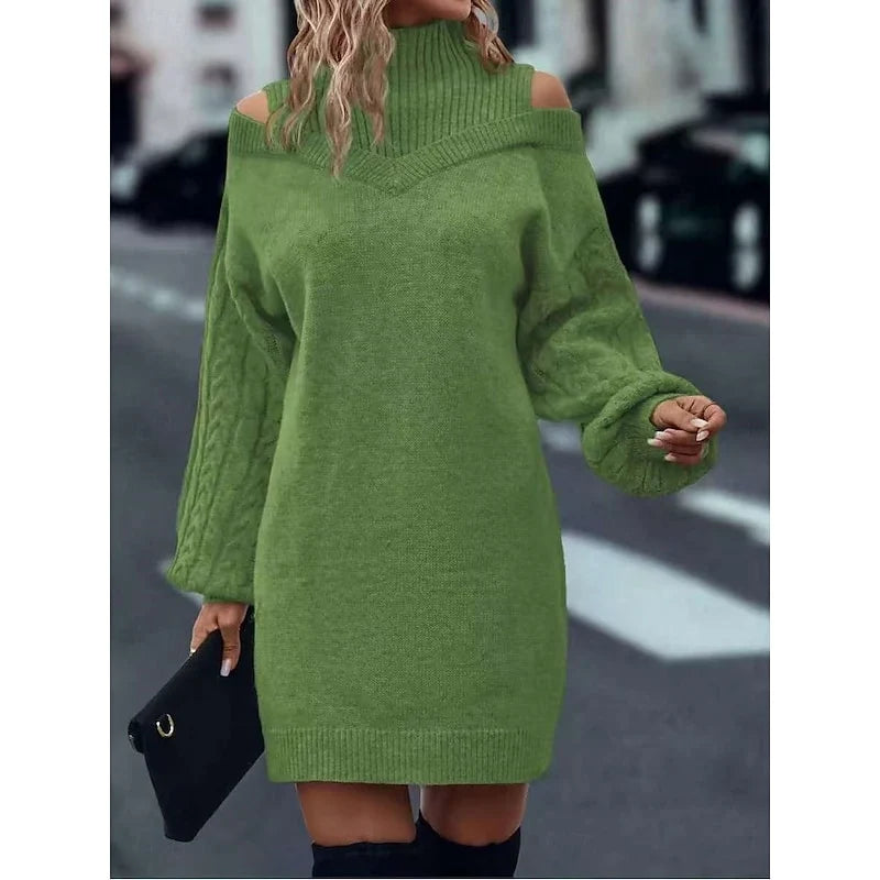 Women's olive green cold-shoulder cable knit turtleneck sweater dress