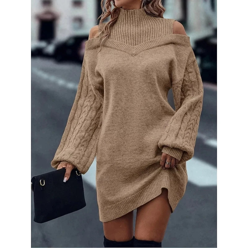 Women's khaki cold-shoulder cable knit turtleneck sweater dress