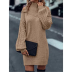 Women's khaki cold-shoulder cable knit turtleneck sweater dress