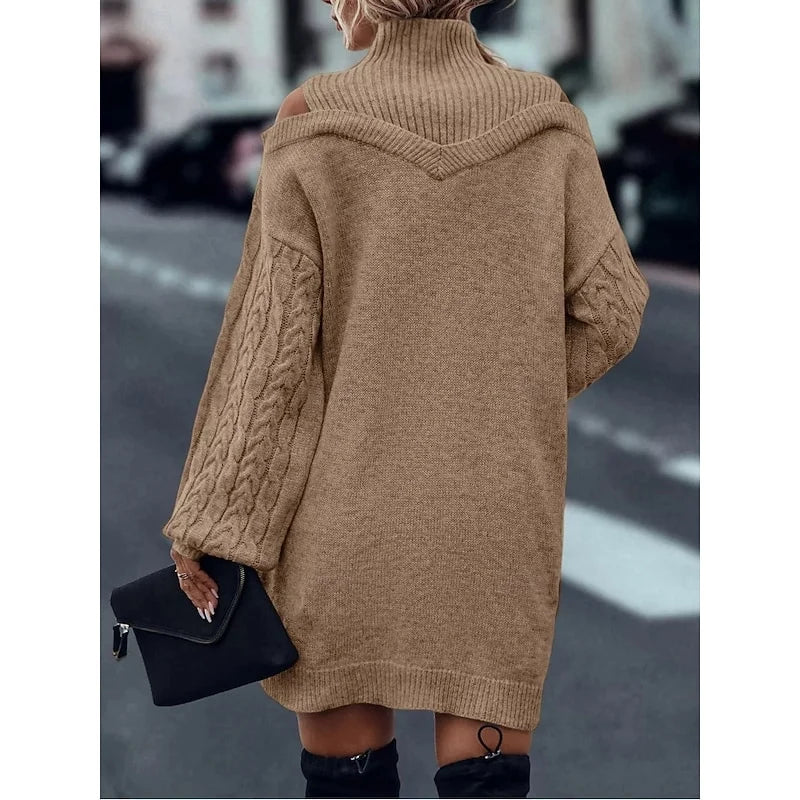 Women's khaki cold-shoulder cable knit turtleneck sweater dress