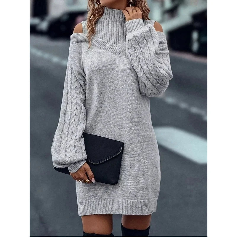 Women's gray cold-shoulder cable knit turtleneck sweater dress