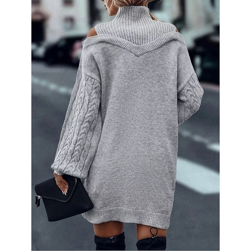 Women's gray cold-shoulder cable knit turtleneck sweater dress
