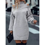 Women's gray cold-shoulder cable knit turtleneck sweater dress