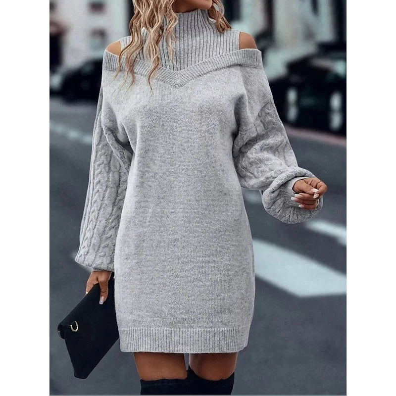 Women's gray cold-shoulder cable knit turtleneck sweater dress