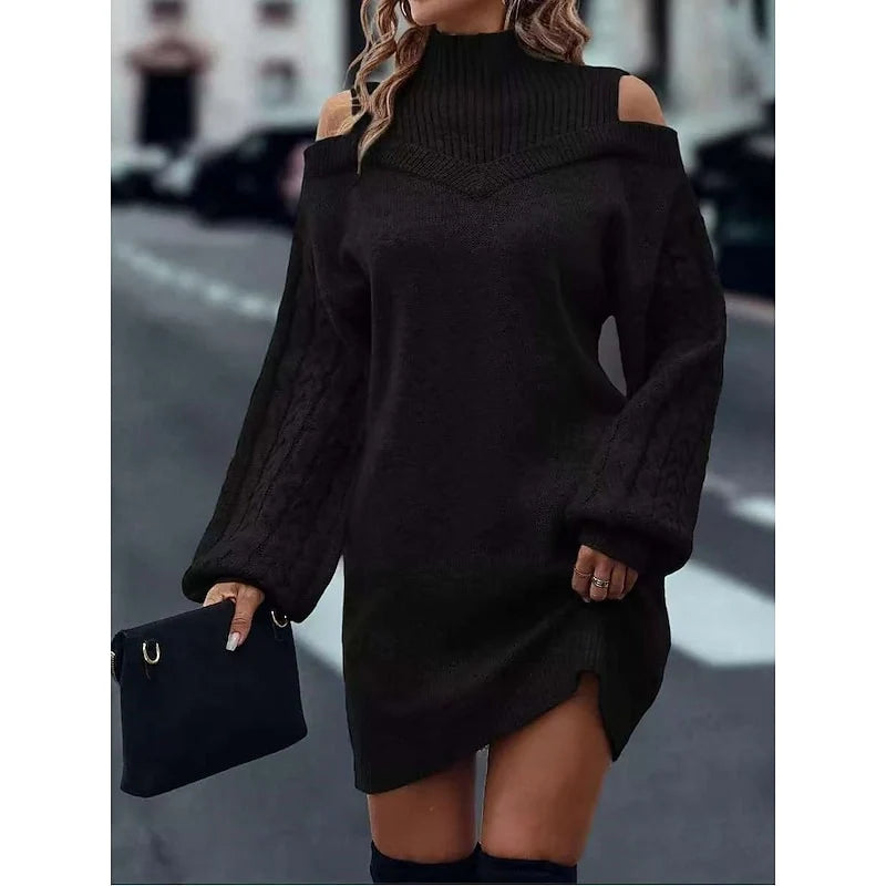 Women's black cold-shoulder cable knit turtleneck sweater dress