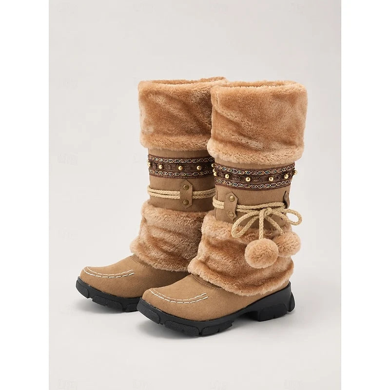 Women's brown cozy boho mid-calf winter boots, with pull-on fit