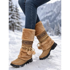 Women's brown cozy boho mid-calf winter boots, with pull-on fit