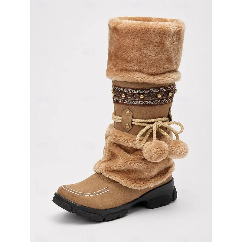 Women's brown cozy boho mid-calf winter boots, with pull-on fit