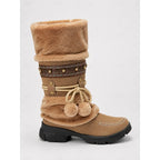 Women's brown cozy boho mid-calf winter boots, with pull-on fit