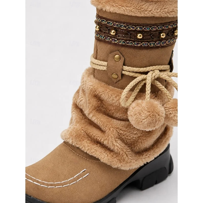 Women's brown cozy boho mid-calf winter boots, with pull-on fit
