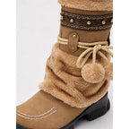 Women's brown cozy boho mid-calf winter boots, with pull-on fit