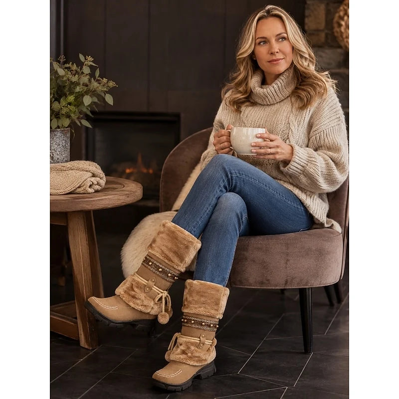 Women's brown cozy boho mid-calf winter boots, with pull-on fit
