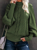 Women's green cable knit mock neck sweater