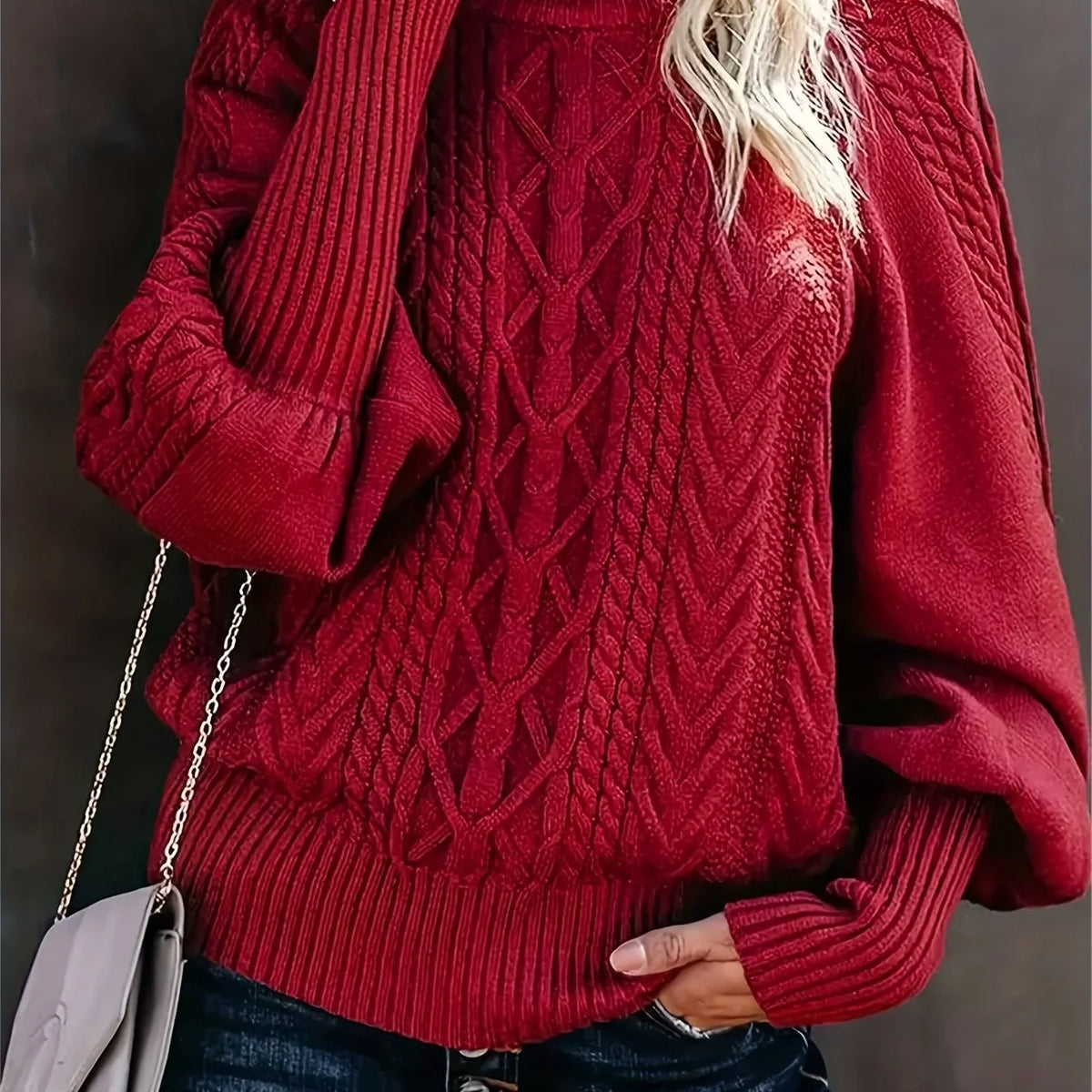 Women's red cable knit mock neck sweater