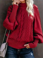 Women's red cable knit mock neck sweater