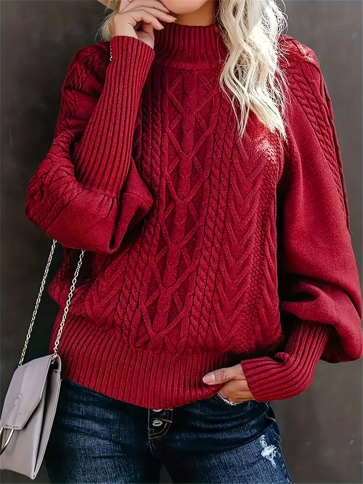 Women's red cable knit mock neck sweater