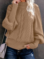 Women's khaki cable knit mock neck sweater
