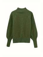 Women's green cable knit mock neck sweater