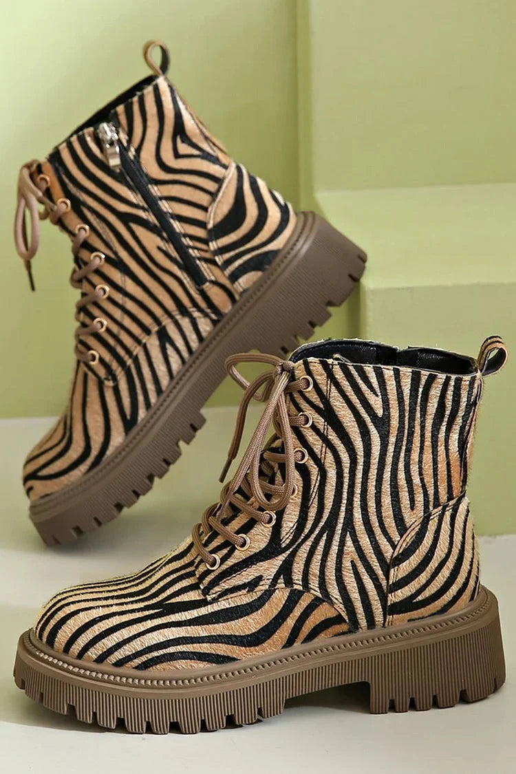 Women's khaki zebra print lace-up boots