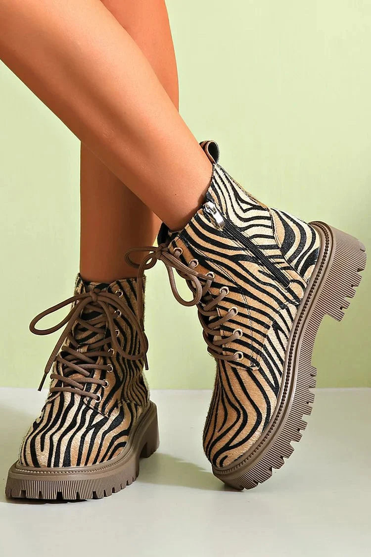 Women's khaki zebra print lace-up boots