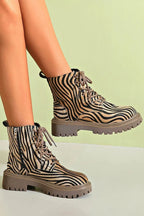 Women's khaki zebra print lace-up boots