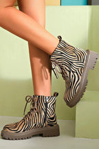 Women's khaki zebra print lace-up boots